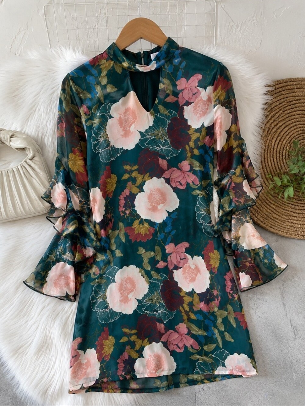 As U Wish ~ Green & Pink Floral Chiffon Ruffle Sleeve Mini Dress – Size S